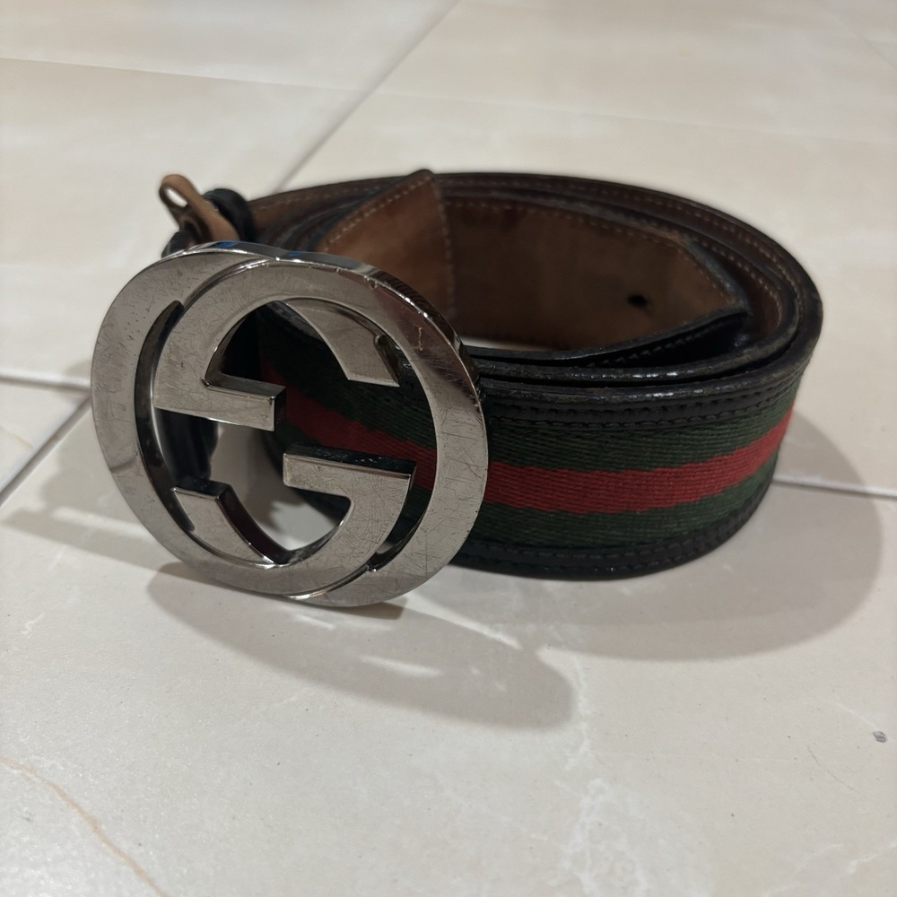Vintage Gucci Belt Men's 34 36 Green Red Stripe Chrome Buckle Leather Italy FLAW
